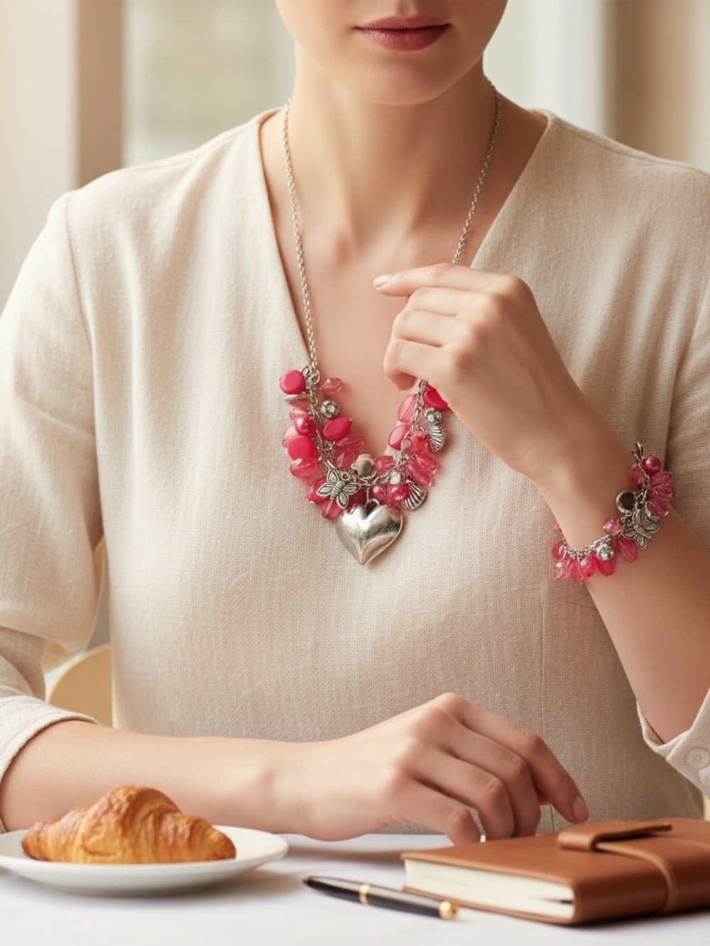 Paparazzi Pink Gemstone Necklace Set Drop Earrings Bracelet Matching Jewelry